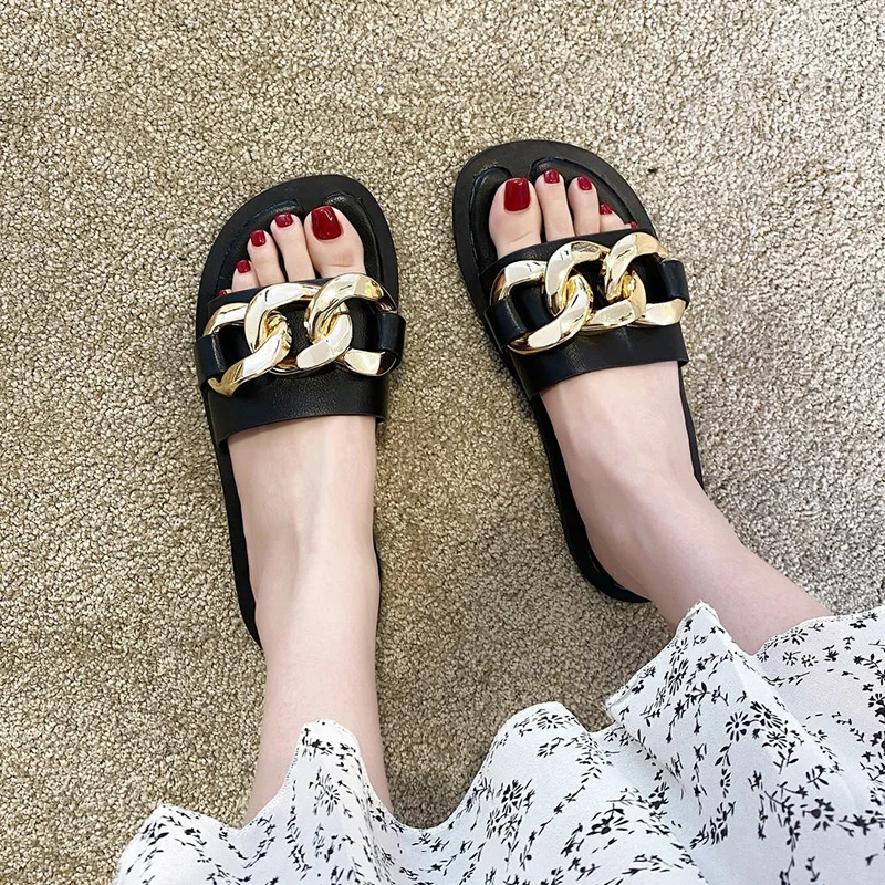 

Female Shoes Rivet Slippers Casual Platform Slides 2021 Luxury Flat Fashion Metal Decoration Fabric PU Basic Rubber Slippers Cas