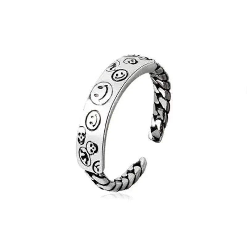 

2021 Vintage Ancient Silver Color Happy Smiling Face Open Rings for Women Men Unisex Hip Hop Adjustable Ring Fashion Jewelry