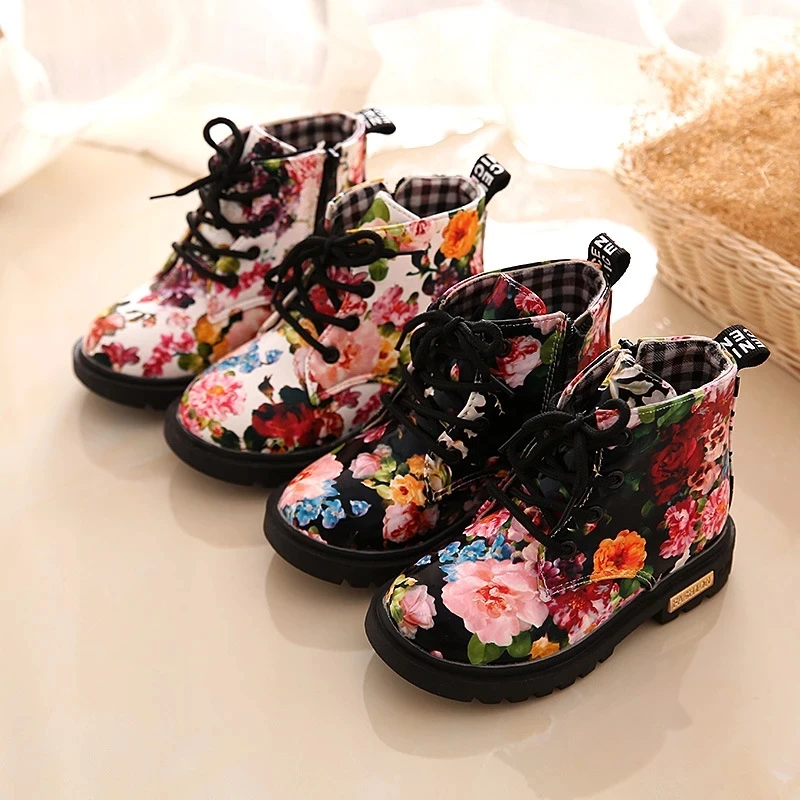 

Size21-30 детские цветочные ботинки из ПУ кожи для мальчиков и девочек, кожаные ботинки Martin, обувь для малышей, детские модные ботинки