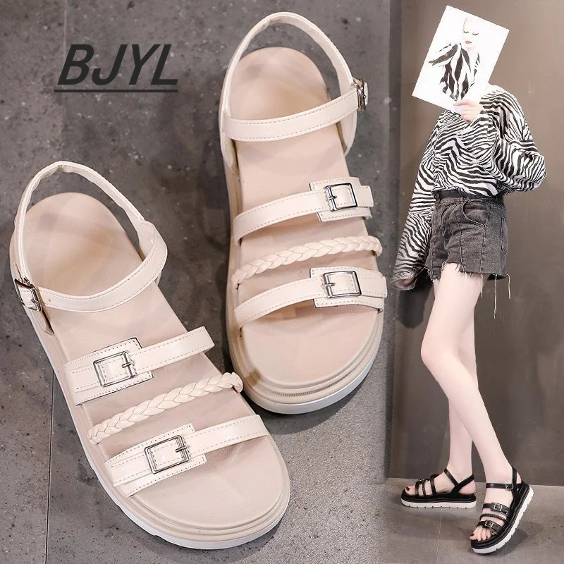 

Sandals female 2021 new summer students flat bottom wild word with thick bottom Roman women's shoes ins tide