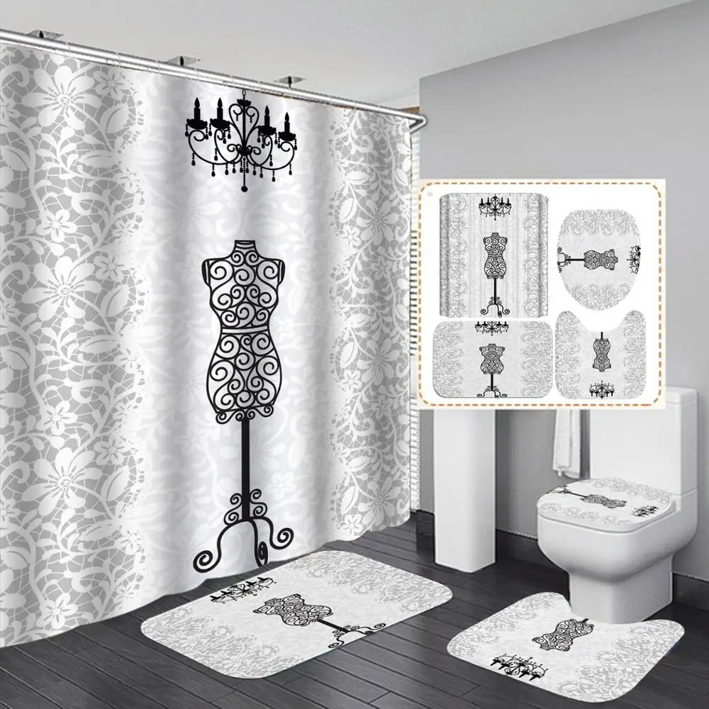 

Bathroom 4 Piece Set Funny Stick Figure Print Cloth Fabric Shower Curtain Carpet Cover Toilet Cover Bath Mat Pad For Home Decor