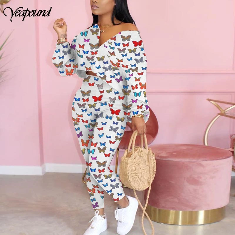 

Streetwear Butterfly Print Two Piece Sets Women Deep V T Shirt High Waist Pants Fashion Elastic Women Tracksuits