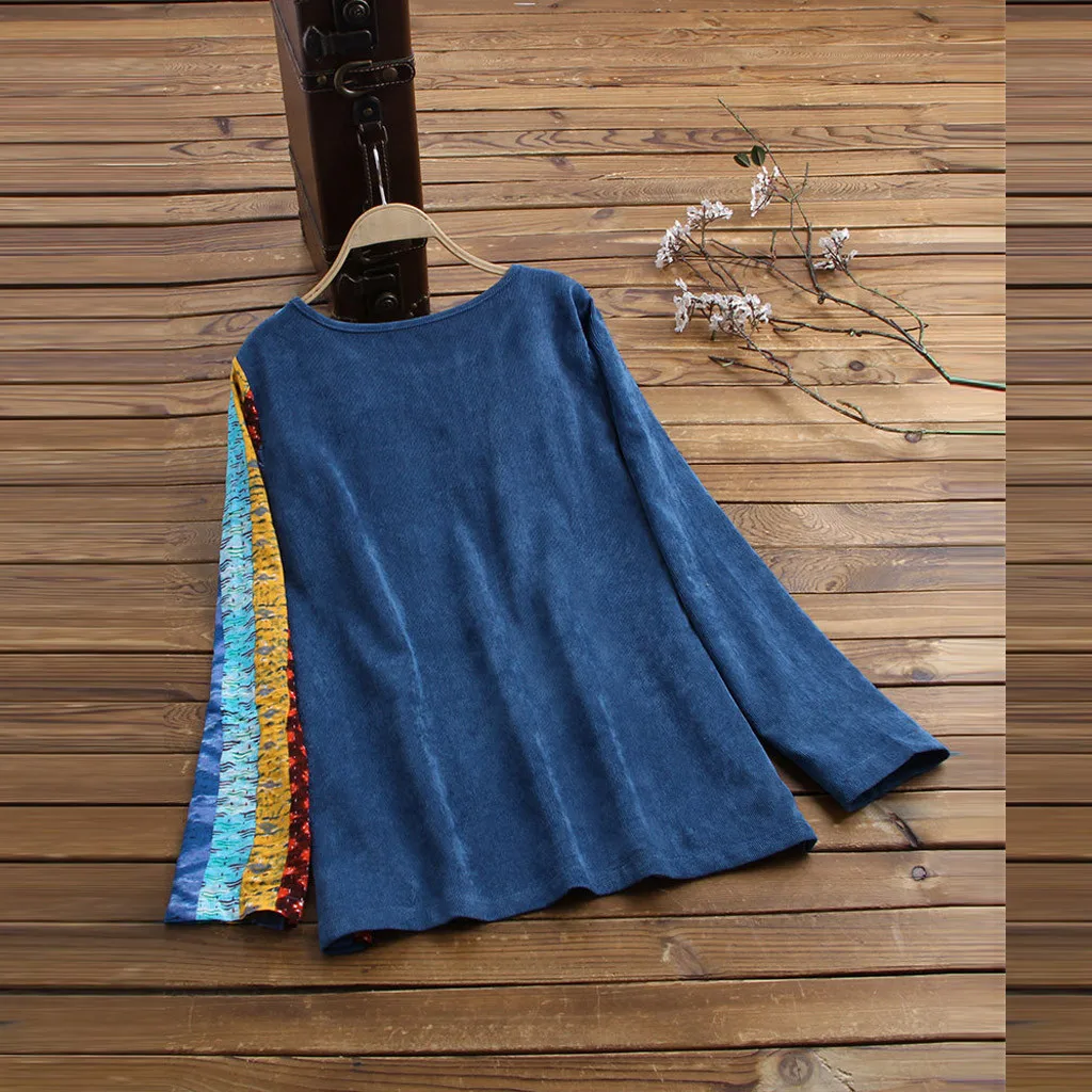 Женская Вельветовая блузка с длинным рукавом и круглым вырезом Повседневная