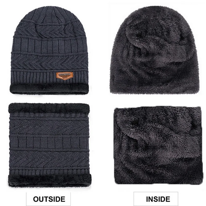 

New Fashion Couple Warm Beanie + Soft Scarf Two-Piece Set Winter Thicken Hat Male Windproof Knitting Caps Neck Warmer