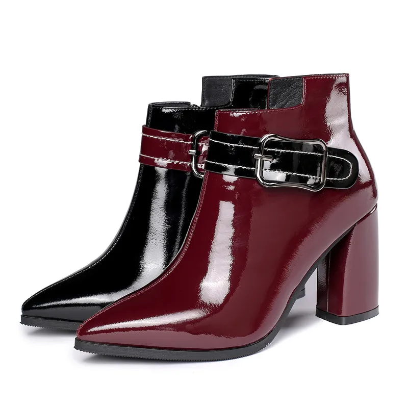 

Женские кожаные ботильоны с пряжкой и острым носком, бордовые ботинки на высоком каблуке, новинка осенне-зимнего сезона