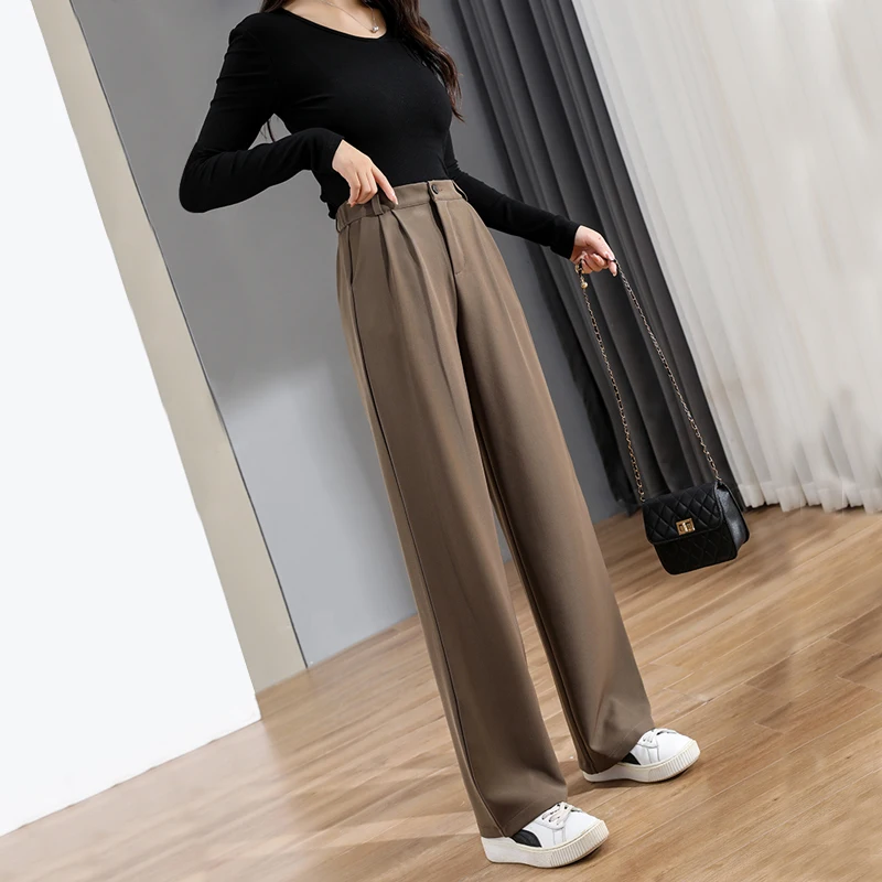 

Coffee Color Wide Leg Pants Women's Spring and Autumn High Waist Loose Thin Vertical Casual Suit Pants Long Pants