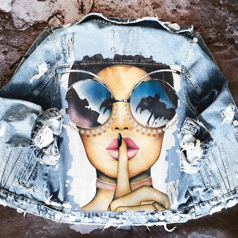 

Женская джинсовая куртка с длинным рукавом, свободная куртка с отложным воротником и мультяшным принтом для девушек, весна-осень 2021