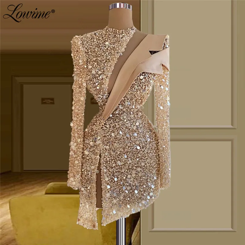 

Женское короткое вечернее платье Lowime, с длинными рукавами, бисером и блестками, на заказ, вечернее платье цвета шампанского