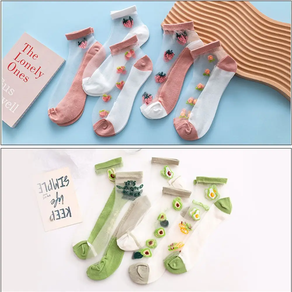 

Носки женские Короткие прозрачные, Модные дышащие кружевные, с фруктами, животными, летние носки до щиколотки, 5 пар