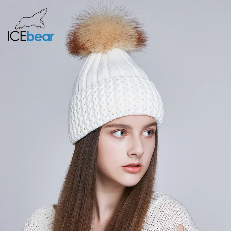 ICEbear женские шапки на осень и зиму с натуральным мехом лисы/енота, модные женские шапки с помпоном, E-MX18102Q - Цвет: 10E