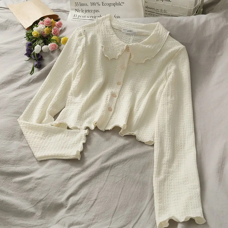 

Shirt Women Elegant Pleated Single Breasted Streetwear Korean Style Crop Top Peter Pan Collar Chic Trendy Solid Clothing