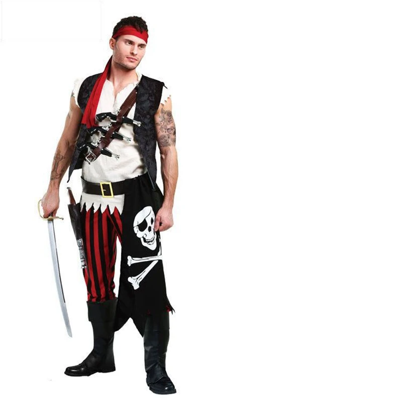 

Men's Cool Pirate Cosplay Costume Adult Halloween Fancy Dress Party Set Male Pirate Crew Short Sleeve Vest Pants Party Wear