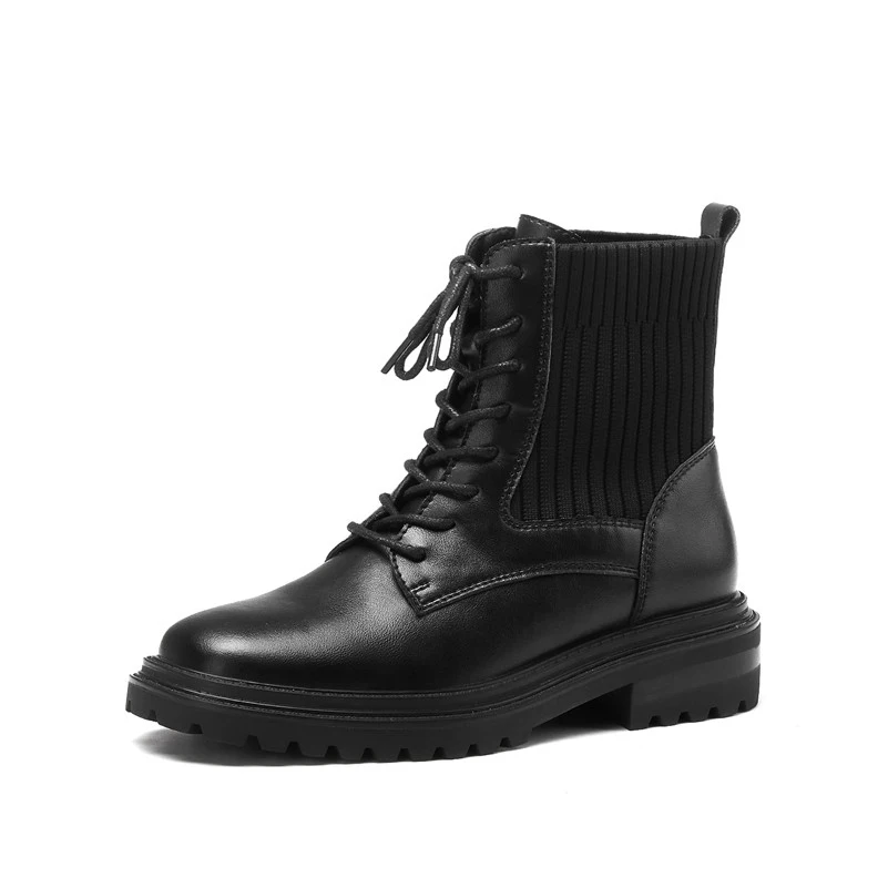 

ANNYMOLI Med Heel Woman Boots Real Leather Ankle Boots Lace Up Round Toe Short Boots Platform Thick Heel Ladies Shoes Black 40