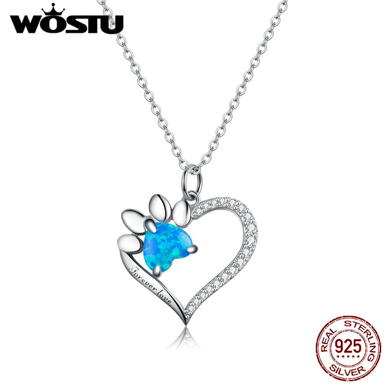 

WOSTU 925 Sterling Silver Love Heart Necklace Dazzling Blue Paw Zircon Long Chain Link Necklace For Women Fashion Jewelry CTN225