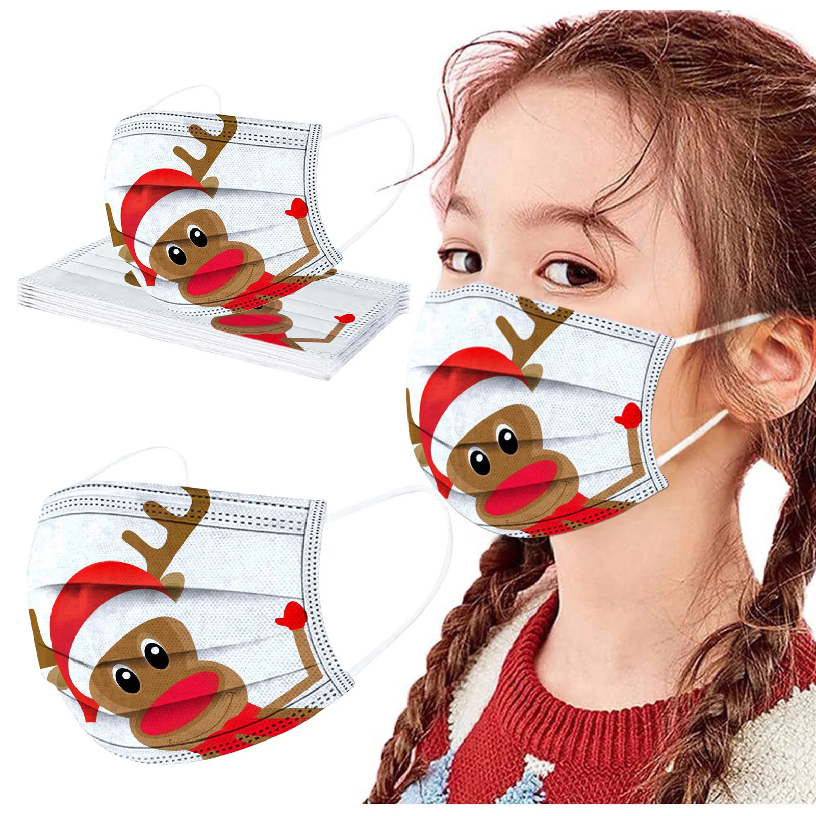 

10PC Kids Christmas Face Masks Elk print Child Disposable Mask Industrial 3Ply Pm2.5 Masks Earloop Bandage Masks masque enfant