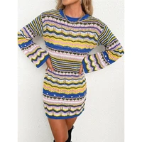 2021 autumn and winter women rainbow striped long sleeve dresses casual long pullover sweater o neck knitted top