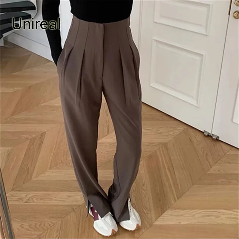 

Женские брюки с широкими штанинами Unireal, повседневные брюки с высокой талией, черный, коричневый костюм с Боковым Разрезом, блейзер, брюки, весна-осень 2022