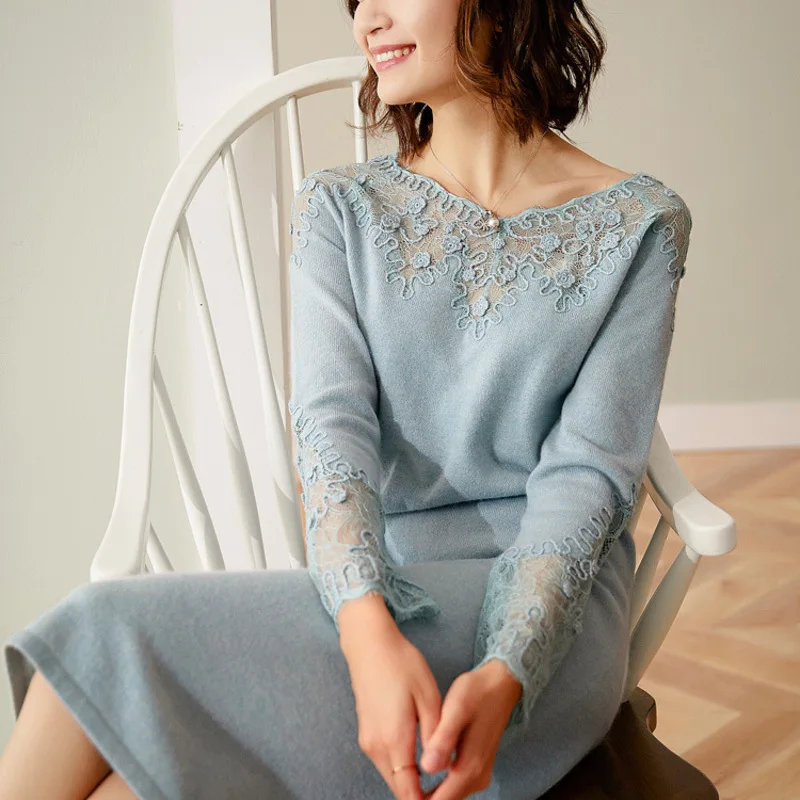 

Новое женское кашемировое платье с длинным рукавом, кружевная вышивка, трикотажная верхняя одежда