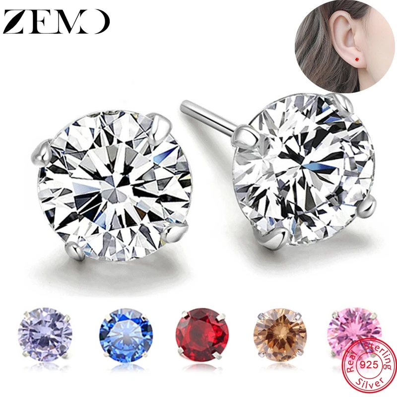 ZEMO 2-8mm Real 925 Sterling Silver Studs Earrings With Colorful CZ for Girls 13 Colors Female Ear Jewelry | Украшения и