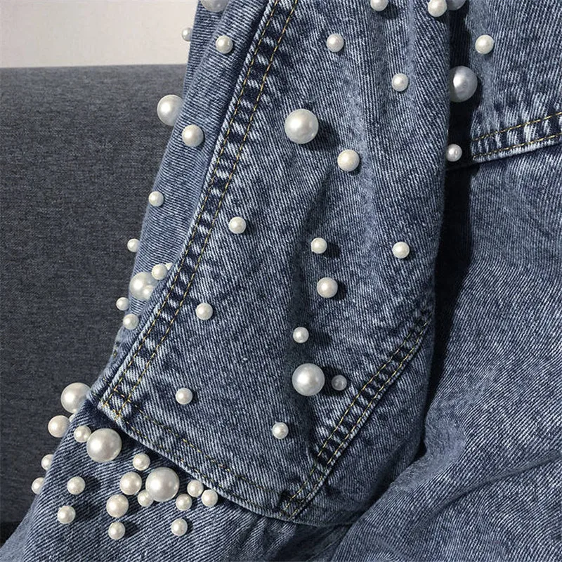 Модная Повседневная джинсовая куртка свободная короткая с жемчугом рукав