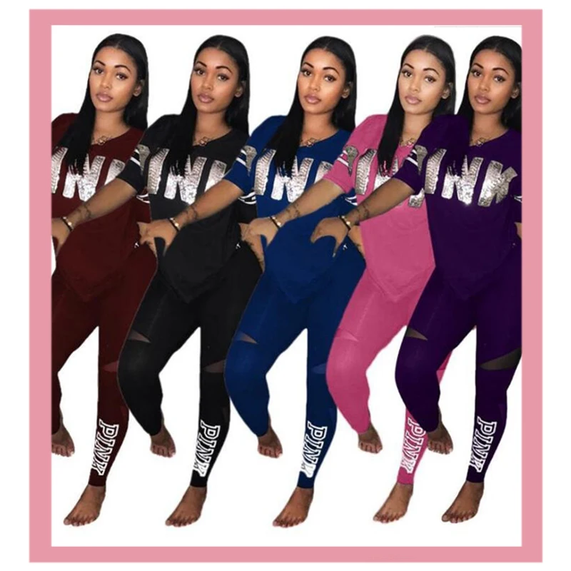 С надписями Pink с принтом спортивный костюм для девочек топ и комплекты длинными