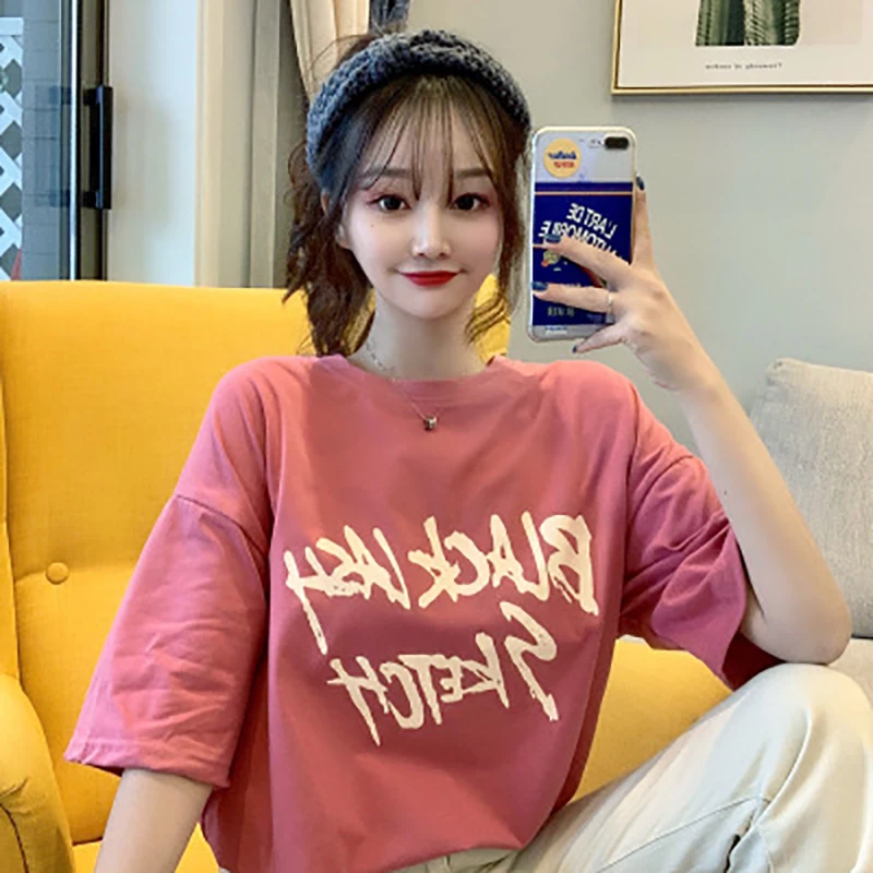 Женская хлопковая футболка с коротким рукавом свободная средней длины буквенным