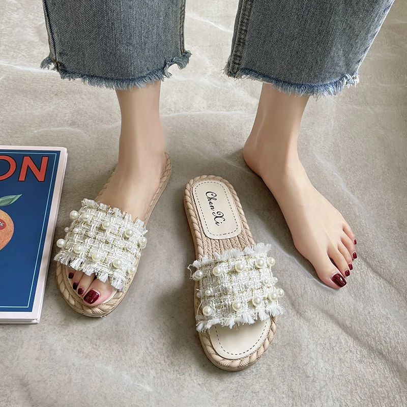 

Flat Shoes Female Ladies' Slippers Slipers Women Luxury Slides Low 2021 Designer Summer Beach Fashion Rome Fabric PU Basic