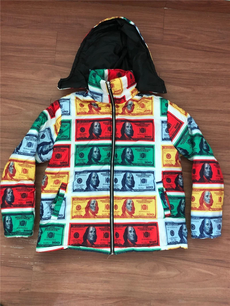 Adogirl Colorful Dollar Print Cotton Padded Coat Women Winter Detachable Hoodie Stand Collar Long Sleeve Zipper Down Jacket