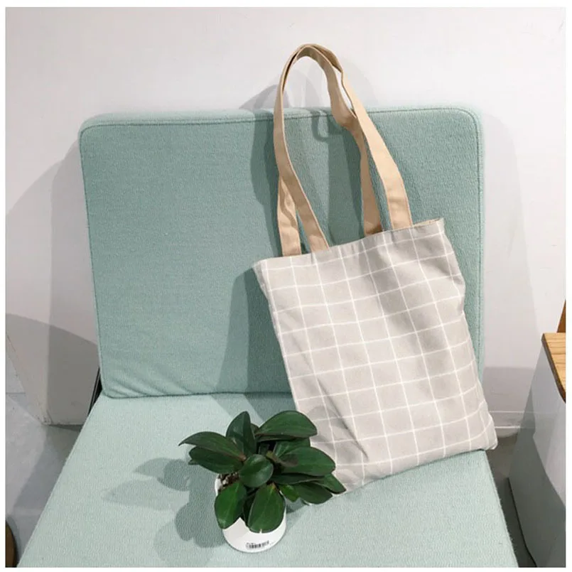 

Vintage Plaid Bag Bags Women Fashion Tote Shoulder Shopping Bag Travel Beach Bags Women's Handbags Cotton Canvas free shipping