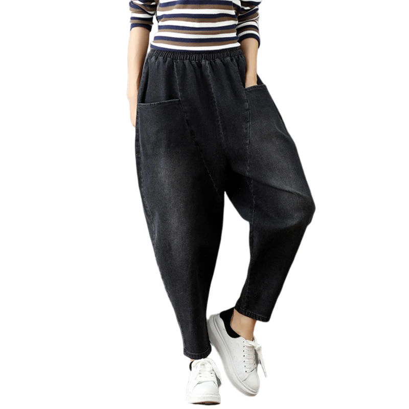 

DIMANAF Plus Size Women Jeans Autumn Harem Pants Fried Chicken Trousers Elastic Loose Solid 2017 Black Winter Harem Denim Jeans