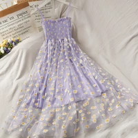 fairy little daisy mesh sling dress womens 2021 new style folds elegant waist and french retro long skirt summer