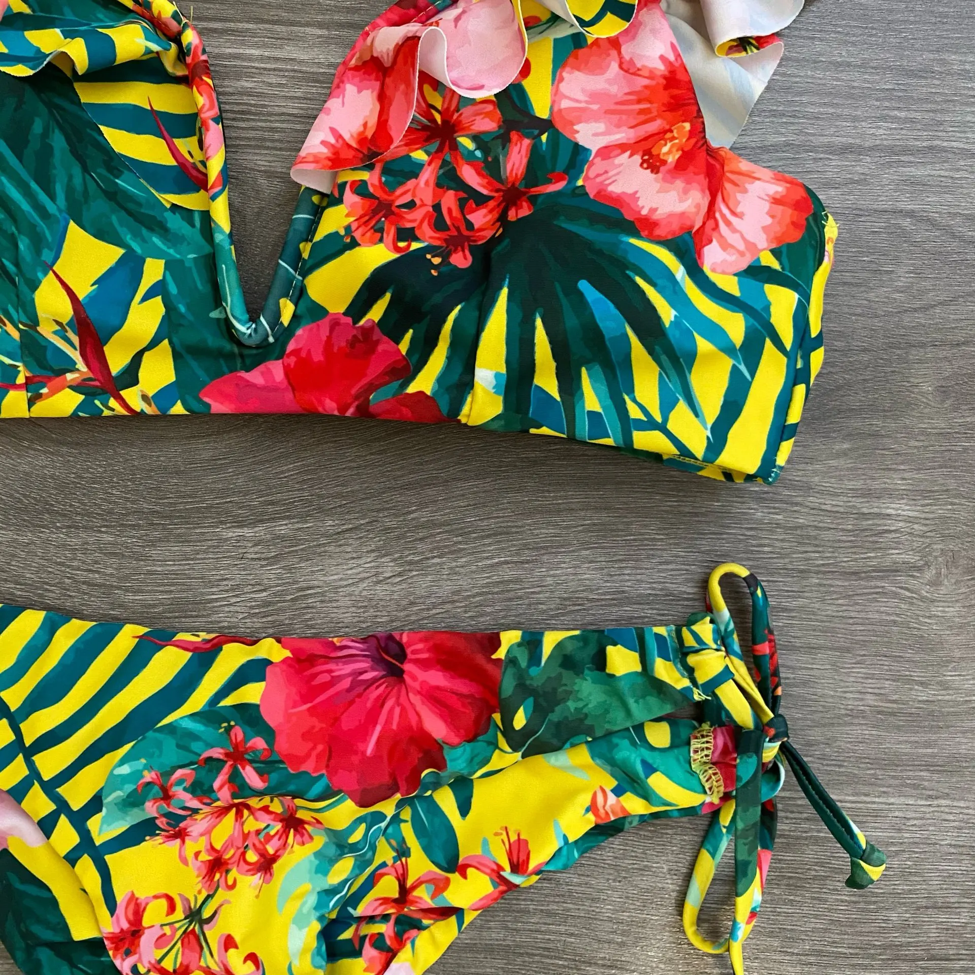 

Print Floral Low Waist Bikini Thong Sexy Swimwear Women Micro Push Up V Neck Ruffle Bandage Beach Party Summer Brazilian Bikini