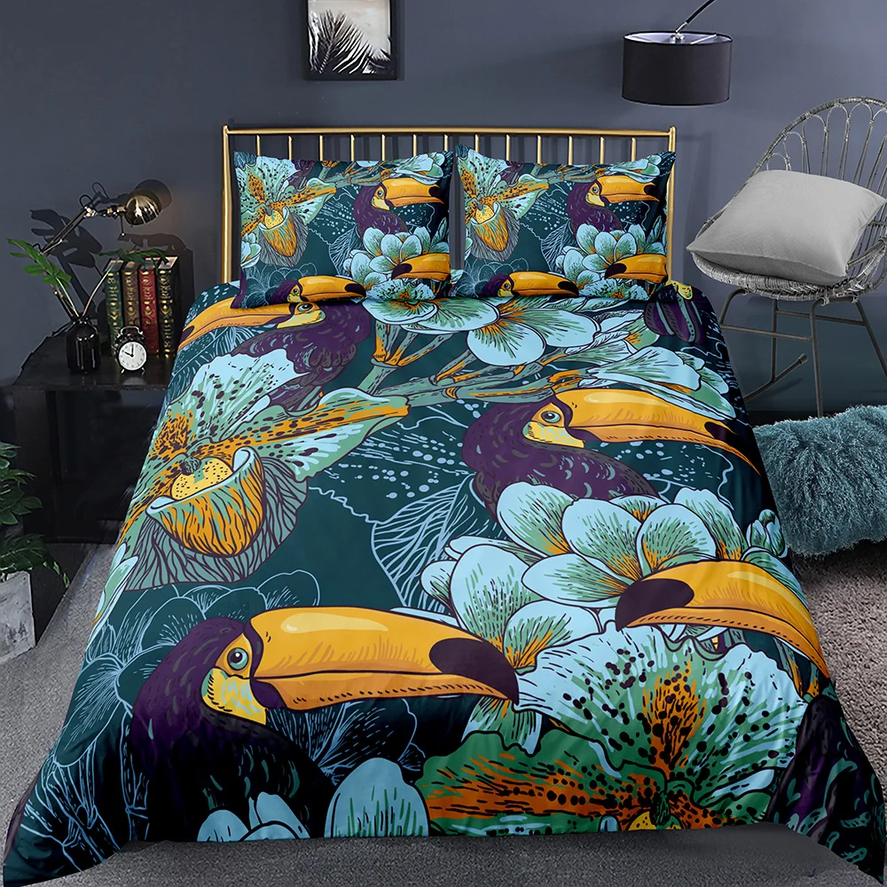 

Toucan Flower Retro Bedding Set Soft Comfortable Bedclothes Guest Room Adults US Twin Bedding Duvet Cover Set