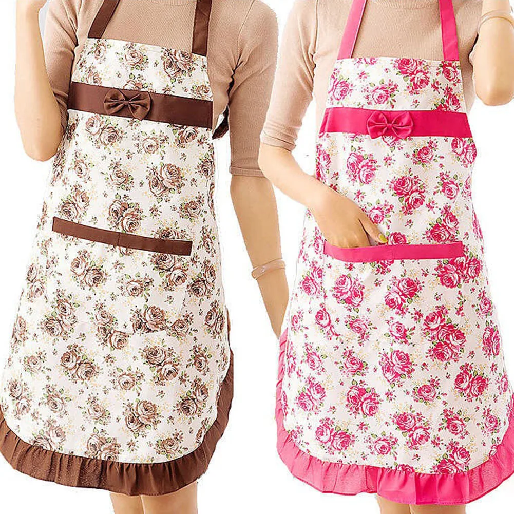 

Kitchen Apron Bowknot Flower Pattern Woman waterproof Bibs Home Cooking Baking Coffee Shop Cleaning Aprons Kitchen Accessories