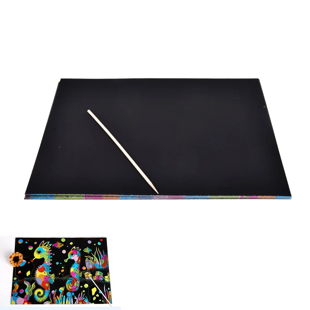 

10 Sheets Magic Scratch Art Painting Paper With Drawing Stick Kids Toy Black 26cmX19cm Environmentally-friendly Odorless