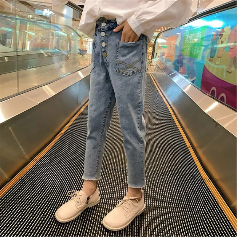 Джинсы для девочек-подростков синие брюки из денима на пуговицах с карманами