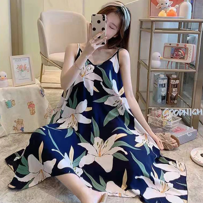 Women Nightgown Sleeping Dress Lingeries Bath-Gown Sexy Female Large Size NightDress Deep-V-Neck Charming Summer Sleepwear Flora