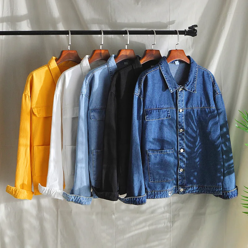 Мужская джинсовая куртка повседневная черная белая синяя желтая однотонная на