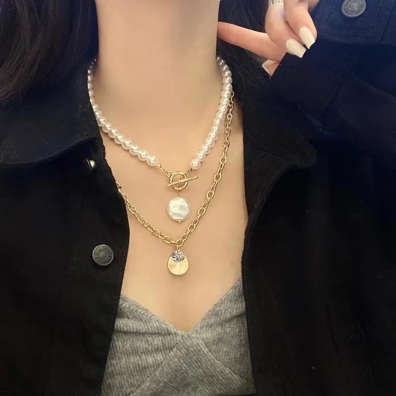 

OE Korea Sweet Pearl Necklace Simple Personality Disc Pendant Necklace Sets Chain For Women Jewelry