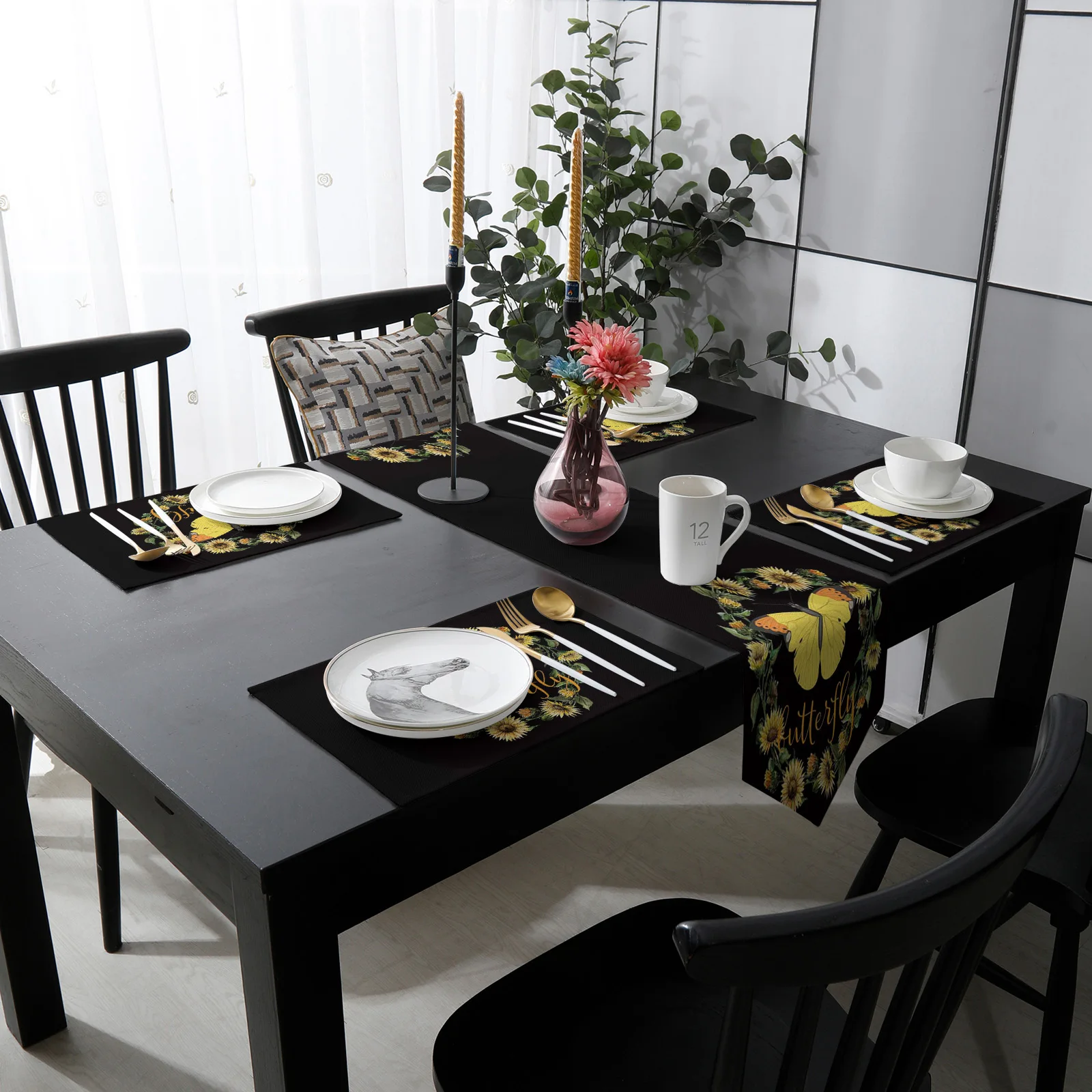 Бабочка венок из подсолнухов черный стол бегун и набор столовых ковриков