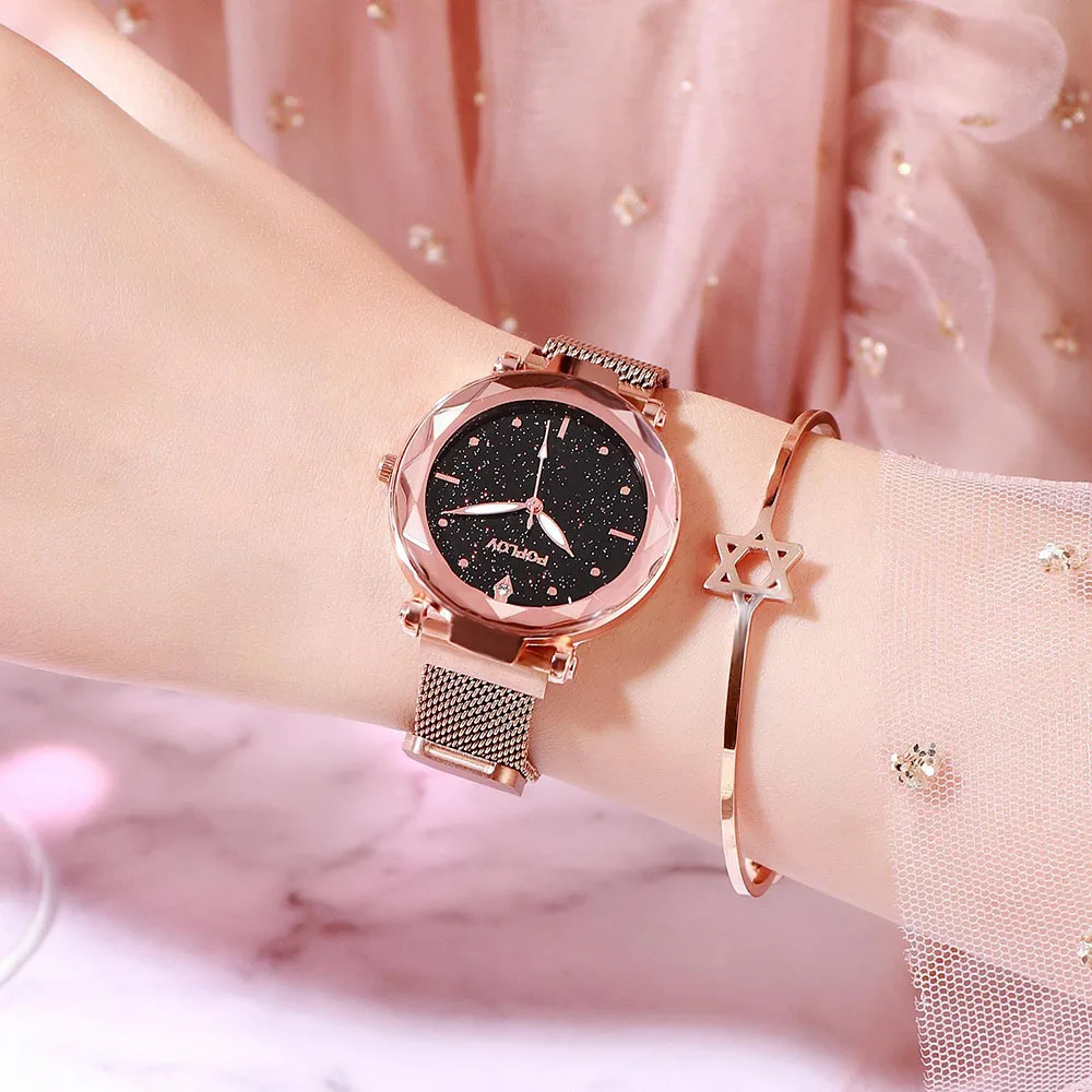 Звездное небо женские кварцевые часы 2019 светящаяся огранка камня цветок