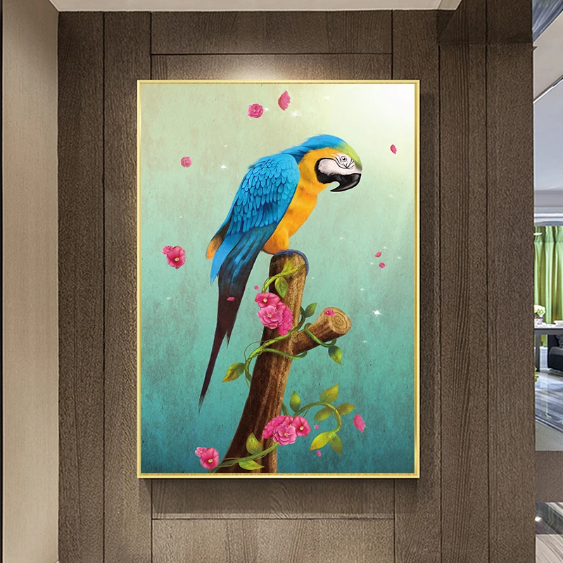 Художественный попугай птица на ветках дерево пейзаж картина маслом холсте