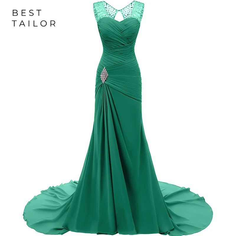 Женское шифоновое вечернее платье-русалка зеленое платье со шлейфом и бусинами с
