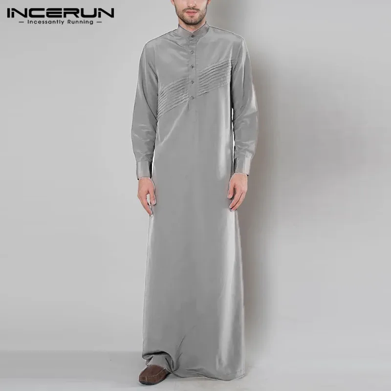 Vintage Buttons Muslim Kaftan Robes Mens Long Sleeve Stand Collar Retro Robes INCERUN Man Abaya Jubba Thobe Dubai Clothing S-5XL
