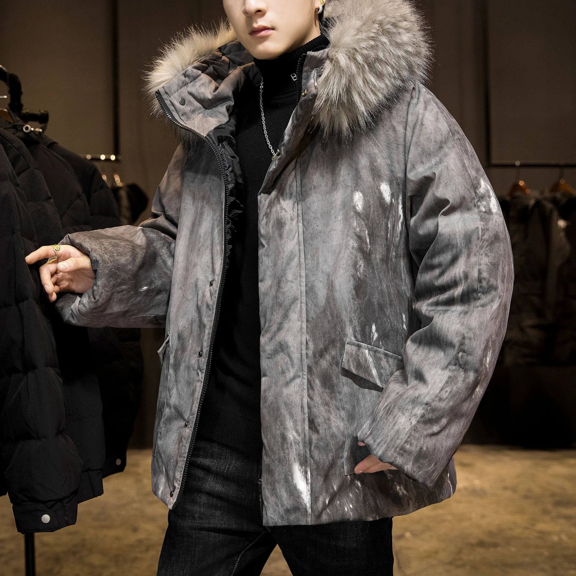 Winter men jacket Camouflage fashion trend coat popular logo warm loose loose casula big fur collar jacket  male