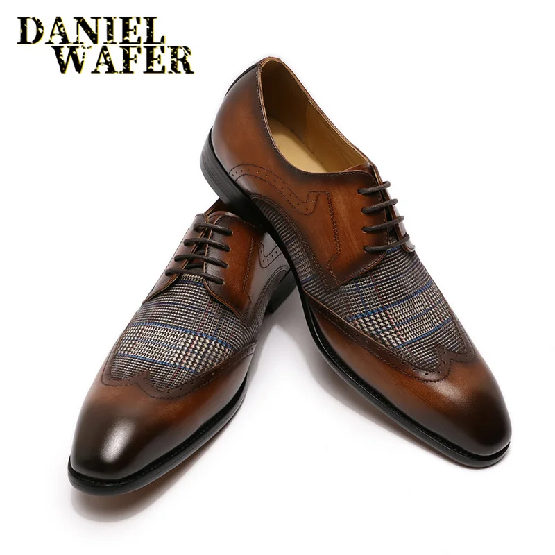 

Роскошные брендовые туфли-оксфорды из натуральной кожи в стиле Дерби, черные, коричневые лоскутные модные мужские кожаные туфли на шнуровк...