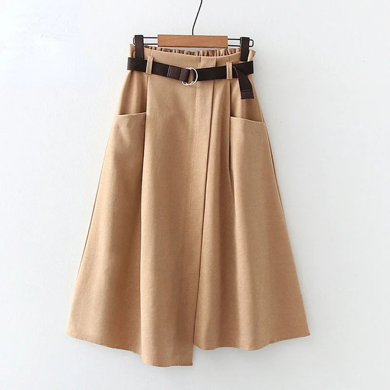 

Women Casual Skirts Solid High Waist Irregular Pockets Midi Skirts Fashion Simple Elegant Saia Faldas pleated skirt