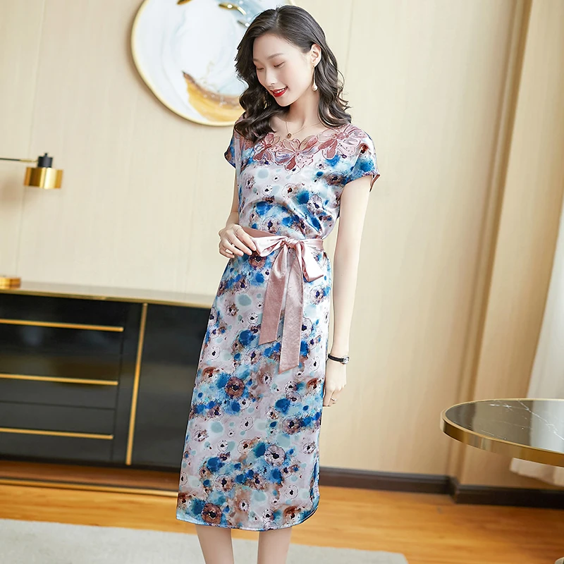 

Silk Satin Loose Plus Size Women's Dress New Fashion Casual Short Sleeve Dresses Floral O-neck Mid-length Summer Houthion