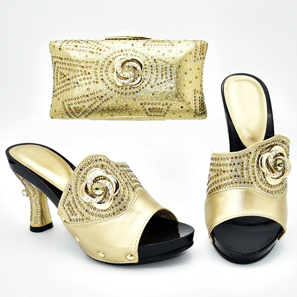 

New Arrival Italian Shoes with Matching Bags High Quality Nigerian Women Wedding Shoes and Bag Set Decorated with Rhinestone