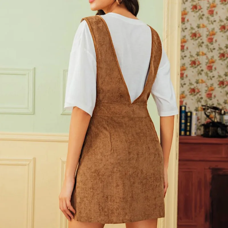 Fashion Casual Women High Waist Brace Dresses Solid Corduroy Above Knee Mini Dress School Costumes Outfits Party Female Girls | Женская